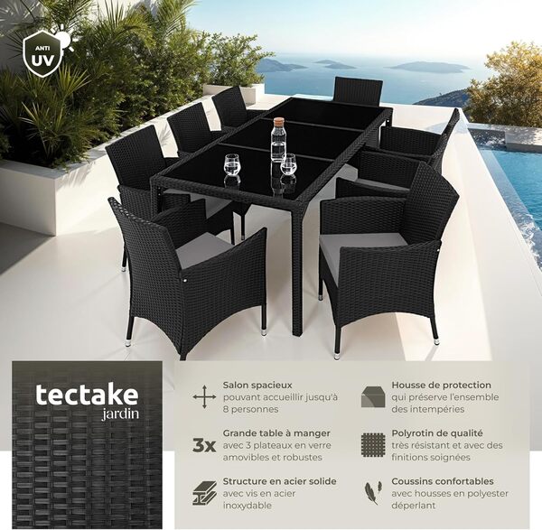 TecTake® Salon de jardin extérieur en polyrotin, 8 fauteuils confortables avec housse de protection - Mobilier pour aménagement balcon terrasse - Noir/Gris