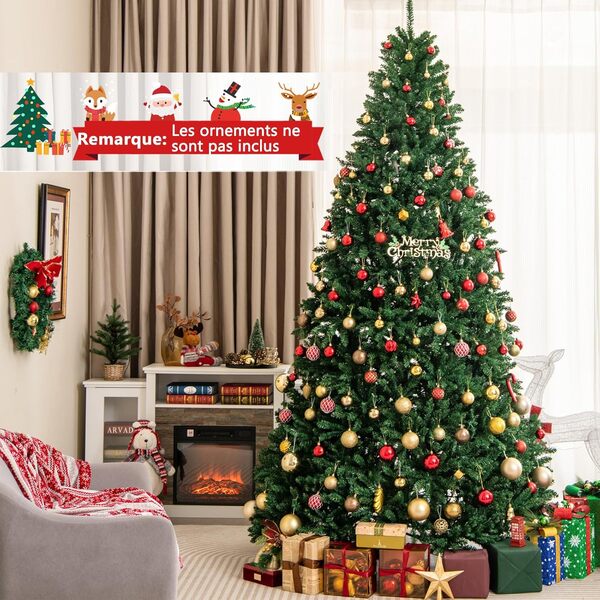 GYMAX Sapin de Noël Artificiel 270cm, 3594 Branches Touffus Réalistes, Installation Facile en 4 Sections, Arbre Décoratif de Noël en Matériau PVC, Support Métallique Pliable