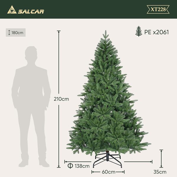 SALCAR Sapin de Noël Artificiel de 210 cm – Sapin Nordmann de qualité supérieure en 100% polyéthylène Vert Naturel, indéformable, inodore, sans Perte d'aiguilles