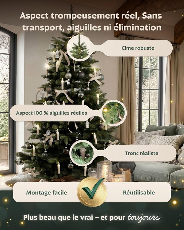 Sapin de Noël artificiel de qualité supérieure - 220 cm - Aspect réaliste - Branches extra denses - Avec support en bois et sac de rangement - Sapin de Noël de qualité supérieure pour