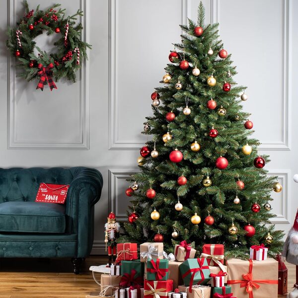 FAIRYTREES Sapin de Nordmann, Tronc Vert, Sapin de Noël Artificiel, matériel PVC, Socle en Bois, 220cm