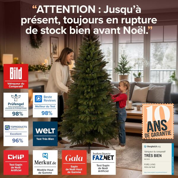 Sapin de Noël Artificiel Premium 220 cm - Gagnant du Test - Réalisme Exceptionnel, Branches épaisses, livré avec Support en Bois et Sac de Rangement – Pure Living