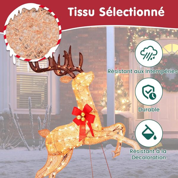 GOPLUS Decoration Noel Exterieur Lumineuses LED, Set Familial de Rennes Wapiti Noël avec 255 Lumières Blanc Chaud & 12 piquets de Terre pour Vitrine,Pelouse