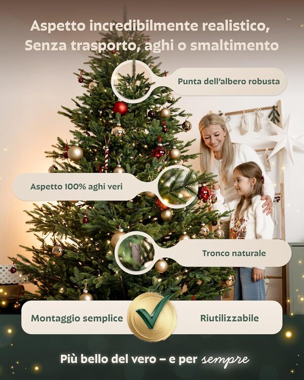 Sapin de Noël Artificiel en 100% Moulage par Injection – Tronc Naturel, Branches Extra Denses, avec Support en Bois et Sac – Sapin Premium