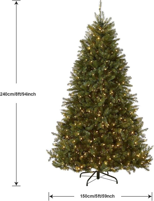 Sapin de Noel Lumineux Pré-éclairé, Sapins de Noël Artificiels avec Pointes de Branches en PE Et PVC, 120/150/180/210/240/300 cm, Décoration pour la Maison et Le Bureau(8ft/240 x 150 cm)
