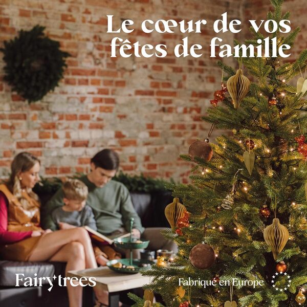 FAIRYTREES Sapin de Noël Artificiel 220 cm Nordmann Exclusif 100% PE | Éléments naturels moulés par Injection | Fabriqué en UE | Arbre de Noël avec Support en Bois de frêne Fait à la Main