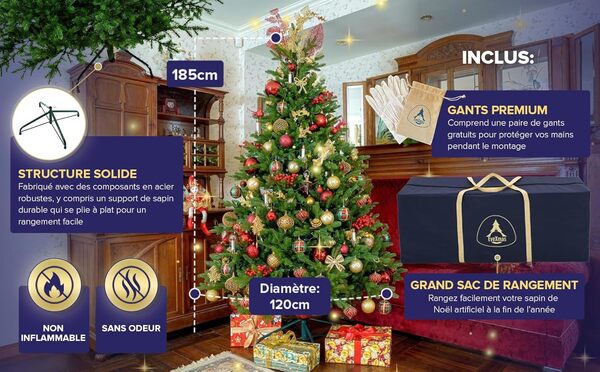 EveXmas - Adele Grün - 185 cm - Sapin de Noël Artificiel 100% moulé par Injection - Branches de Sapin en polyéthylène 100% - sur Pied en métal - Sac de Rangement et Panier pour Arbre Inclus