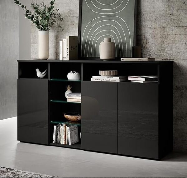 MB Muebles Bonitos, Buffet Clark L avec 3 Portes pour Salon et Salle à Manger avec Lumière LED, Meuble en Mélamine Brillante, Couleur Noir, 150x82x40 cm