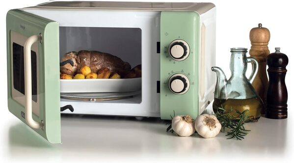 Ariete Micro-ondes mécaniques vintage 800 W 20 L, 5 niveaux de puissance, minuterie de 30 minutes, signal de fin de cuisson, idéal pour chauffage, cuisson et décongélation (vert)