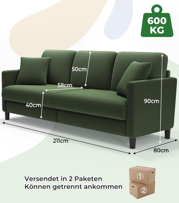 Canapé 3 Places, 211 cm, Confortable 3 Places, en Polaire Teddy, 2 Coussins Inclus, Montage sans Outils pour Salon, Bureau, Vert