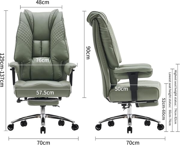 Chaise de Bureau Ergonomique – Fauteuil de Direction Haut Dossier en Cuir PU avec Accoudoirs Réglables, Chaise Pivotante pour Maison/Bureau, Support Robuste Jusqu’à 180 kg (Vert Clair)