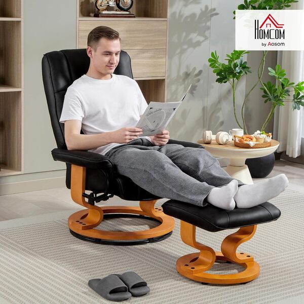 HOMCOM Fauteuil de Relaxation inclinable avec Repose-Pied Fauteuil Relax de Salon pivotant, Cadre en Bois revêtement synthétique 76 x 85 x 104 cm Noir