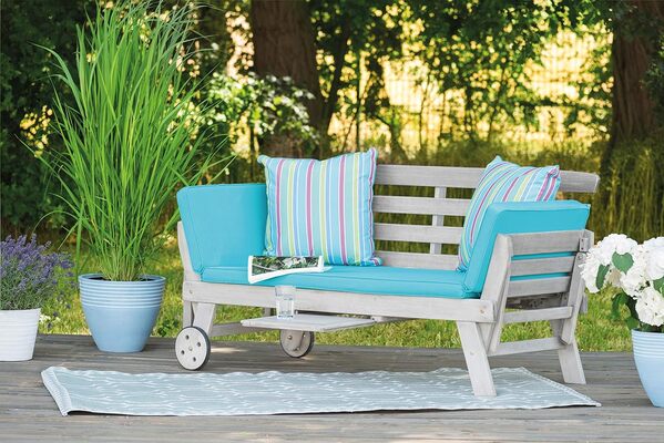 greemotion Banc de Jardin Maui pour 2 Personnes avec roulettes et Accoudoirs Pliables, Canapé de Terrasse en Bois d'Acacia 100% FSC, Gris/Turquoise