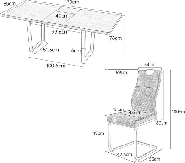 JIEXI Extensible Table de Salle à Manger MDF, 4-6 Personnes de Cuisine en Bois avec Structure métallique pour Salle à Manger, Cuisine (130-170 Table + 6 Chaises Grises)