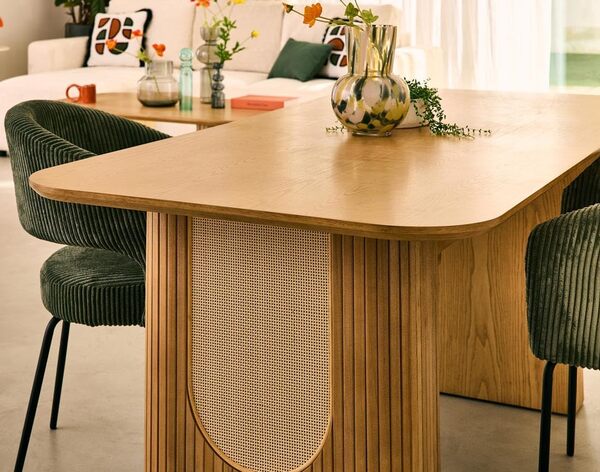 Lisa Design - Milazzo - Table à Manger - Bois plaqué chêne et cannage - 180 cm, Bois