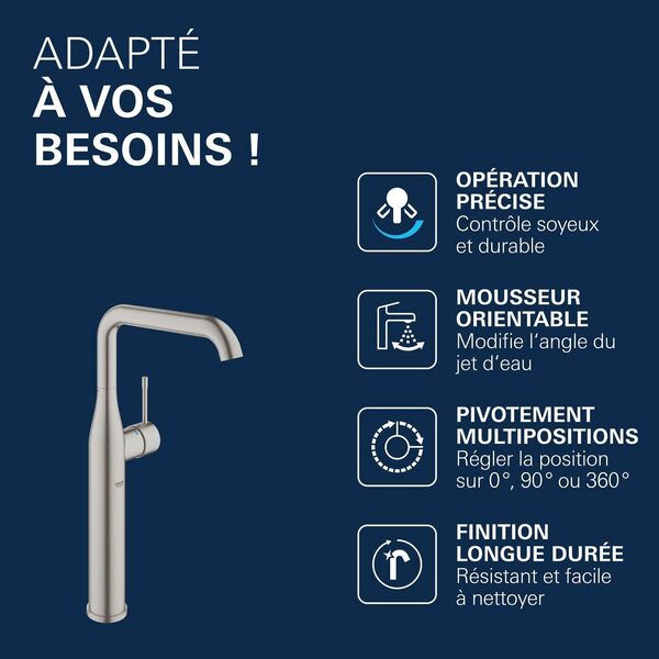 GROHE Essence Mitigeur Monocommande pour Lavabo de Salle de Bains, Taille XL (Zone de rotation adaptable, Facile à installer), Supersteel, 32901DC1
