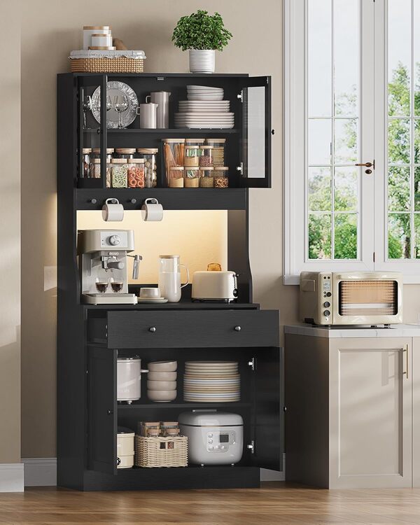 Buffet Cuisine avec LED et Multiprise, Meuble Cuisine Rangement avec Plan de Travail, 4 Compartiments Fermés, Tiroir avec Séparateurs, 4 Crochets, Étagères Réglables, Meuble Salle à Manger, Noir