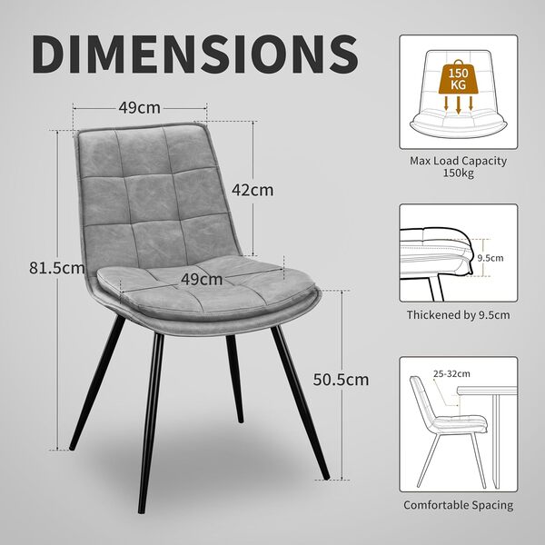 Chaises Salle a Manger Lot de 4, Chaises Salle à Manger en Cuir Microfibre, Moderne Chaise de Salle Design en Damier, Chaise de Cuisine Rembourrée sans Accoudoirs pour Cuisine, Salon - Gris