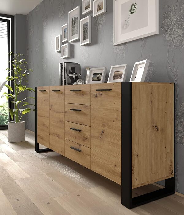 BIM Furniture Commode avec 3 Portes 4 Tiroirs, Grand Espace de Rangemen Salon Multifonctionnel Idéal pour Le Chambre à Coucher 197,5 x 45 x 87 cm chêne Nuka K