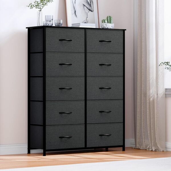 DWVO Commode avec 10 tiroirs, tour de rangement en tissu, organisateur pour chambre, salon, couloir, placards, cadre en acier robuste, plaque en bois et conteneurs