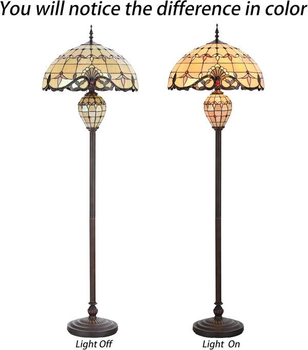 Bieye L30803 Lampadaire à double éclairage de style baroque Tiffany en verre teinté pour décoration intérieure 64 pouces de haut (20 pouces de large, crème)