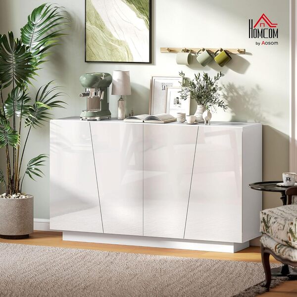 HOMCOM Buffet à Haute Brillance, Meuble de Rangement avec Placard Double Porte géométrique et étagère réglable, Style Moderne, Buffet Salle à Manger, Cuisine et Salon, 70 x 40 x 88 cm, Blanc