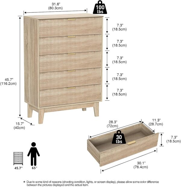 Commode à 5 Tiroirs en Bois, Adulte Commode Chambre Meuble de Rangement, Pieds en Bois Massif, pour Chambre à Coucher, Salon, Entrée, Bureau 80 x 40 x 116 cm