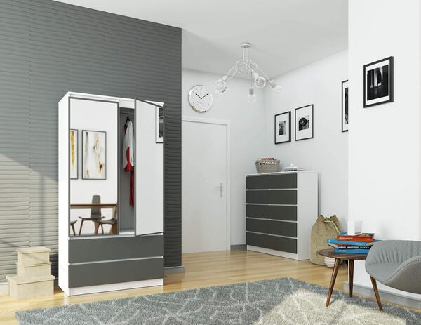 AKORD Armoire 2 Portes | Armoir Chambre | 2 Tiroirs 2 Etagères et Une Tringle et Miroir | L90 x H180 x P51 cm| Armoire sans Penderie Chambre RangementBlanc & Façade Gris Graphite