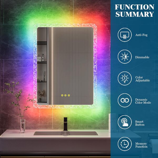 HNEBC Miroir de salle de bain à DEL de 60 x 80 cm avec lumière RVB, miroirs muraux avec cadre en cristal, miroir LED intelligent avec dos anti-buée et interrupteur étanche pour salle de bain, à