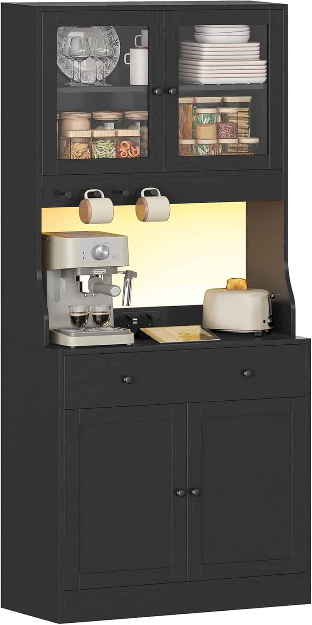 Test du buffet cuisine LED blanc : rangement pratique avec plan de travail et multiprise