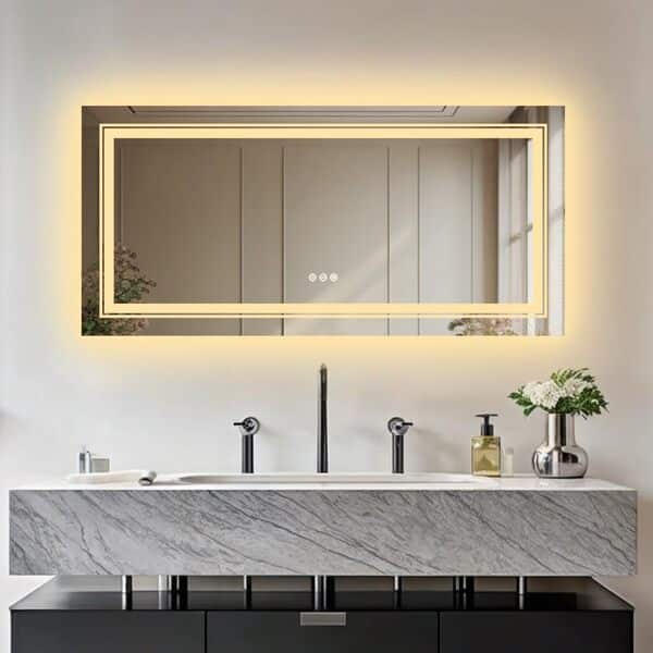 LUVODI Miroir Rectangulaire Salle de Bain LED: 120x60cm Miroir connecté avec Prise Interrupteur Tactile Gradable Miroir Mural 3 Couleurs Anti-Buée Mémoire IP65 Éclairage intégré et Rétroéclairage