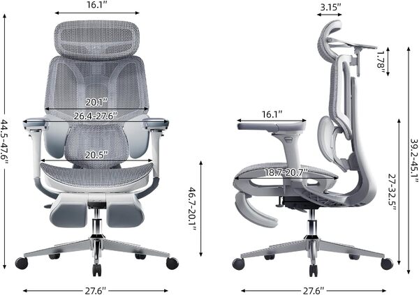 Hbada E3 Pro Fauteuil de Bureau Ergonomique, Système Lombaire Dynamique 3 Zones, Accoudoirs Réglables 6D, Tête avec Réglage 4D, Gris avec Repose-Pieds