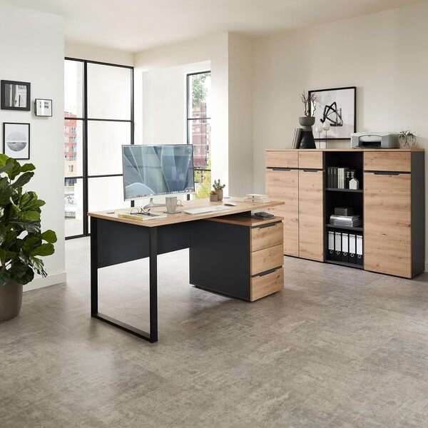 Stella Trading Memphis Bureau Moderne Aspect chêne Artisan Graphite, avec Structure en métal et Meuble à roulettes, Bois, 150 x 77 x 73 cm