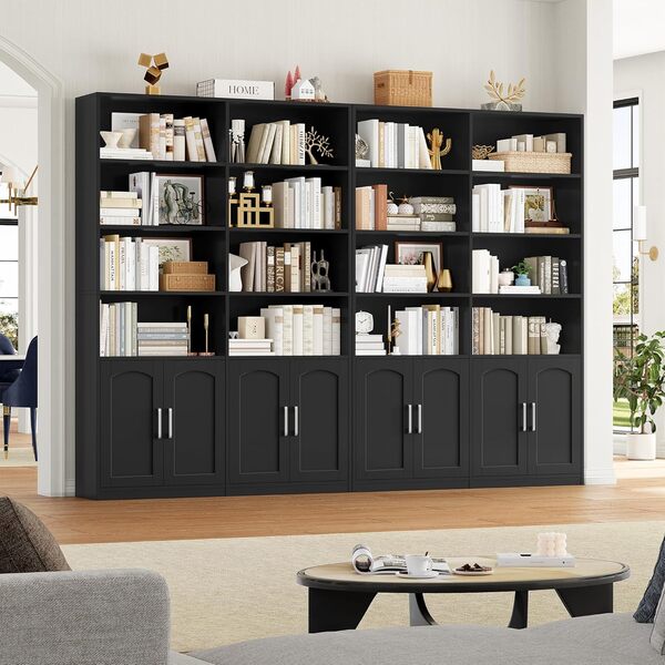 FirFurd Bibliothèque Meuble de Rangement avec 4 Portes 12 Étagères de Rangement Bibliotheque Noire Bibliotheques pour Salon Bureau Chambre 115x27x185.5cm