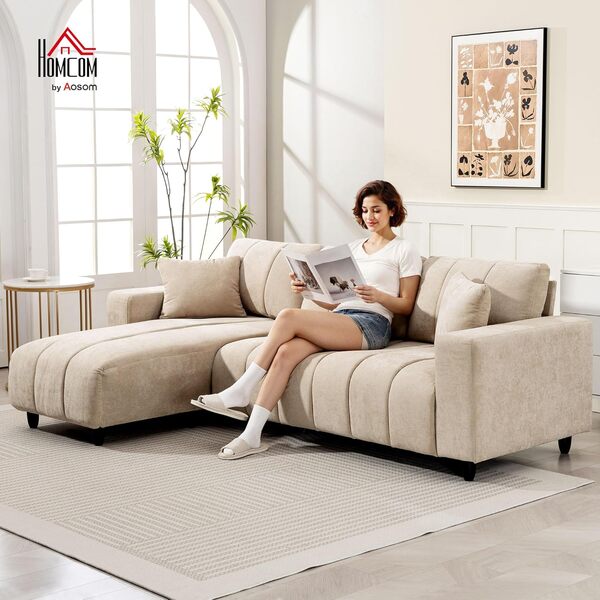 HOMCOM Canapé d'angle réversible, 242 cm, canapé 3 Places modulaire, méridienne, 2 oreillers, Coussin à Ressorts, Assise intégrée, Cadre en Acier, Tissu Aspect Lin, pour Salon, Petit Espace, Beige
