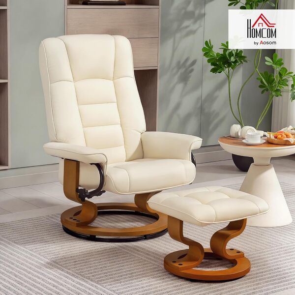 HOMCOM Fauteuil de Relaxation inclinable avec Repose-Pied Fauteuil Relax de Salon pivotant, Cadre en Bois revêtement synthétique 76 x 85 x 104 cm crème