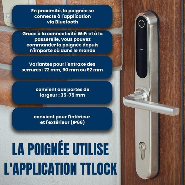 Serrure de porte intelligente TTlock avec poignée – Accès sans clé par code, empreinte ou mobile – Verrou électronique pour porte en bois, aluminium ou portail extérieur - 90 mm