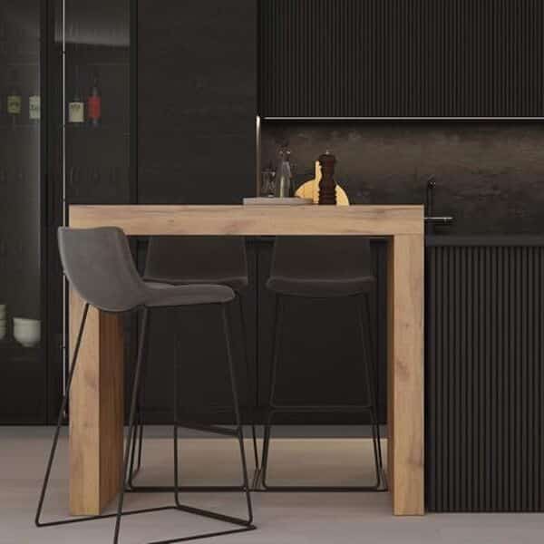Explorez notre avis sur la table haute Evolution 120x60 de mobili fiver : un design rustique qui allie esthétique soignée et convivialité pour transformer vos espaces de vie
