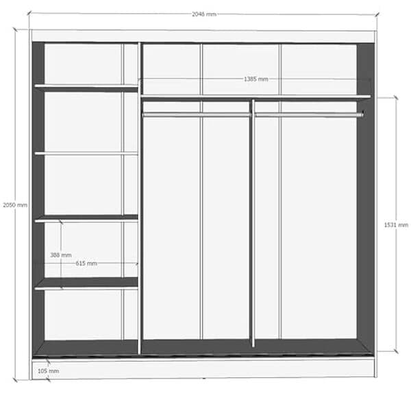 Explorez les fonctionnalités de l'armoire coulissante Oggi Aris 3 portes avec miroirs blancs. Un mélange parfait de design et d'efficacité pour maximiser votre espace de rangement.