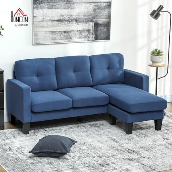 Découvrez notre test détaillé du canapé d'angle HOMCOM 3 places avec méridienne réversible bleu : confort, design et adaptabilité pour votre salon