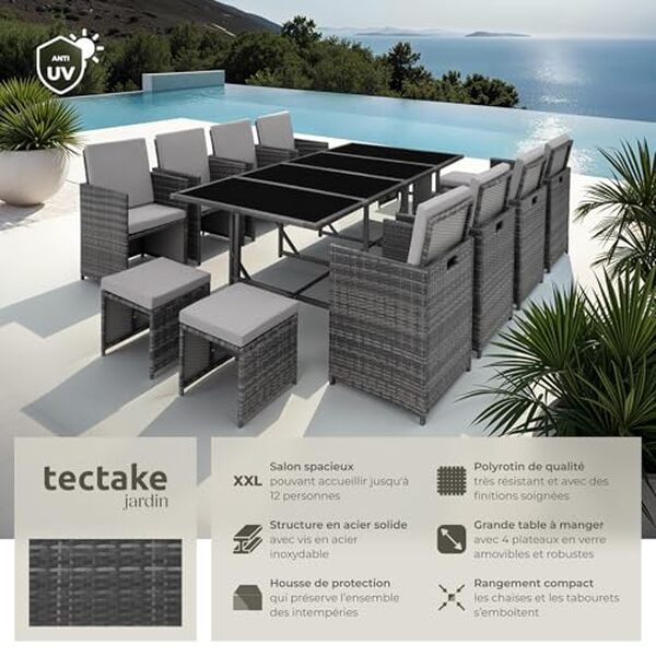 Découvrez notre test complet du salon tecTake en résine tressée avec 8 chaises et 4 tabourets. Avis, caractéristiques et prix pour votre ensemble repas extérieur. 