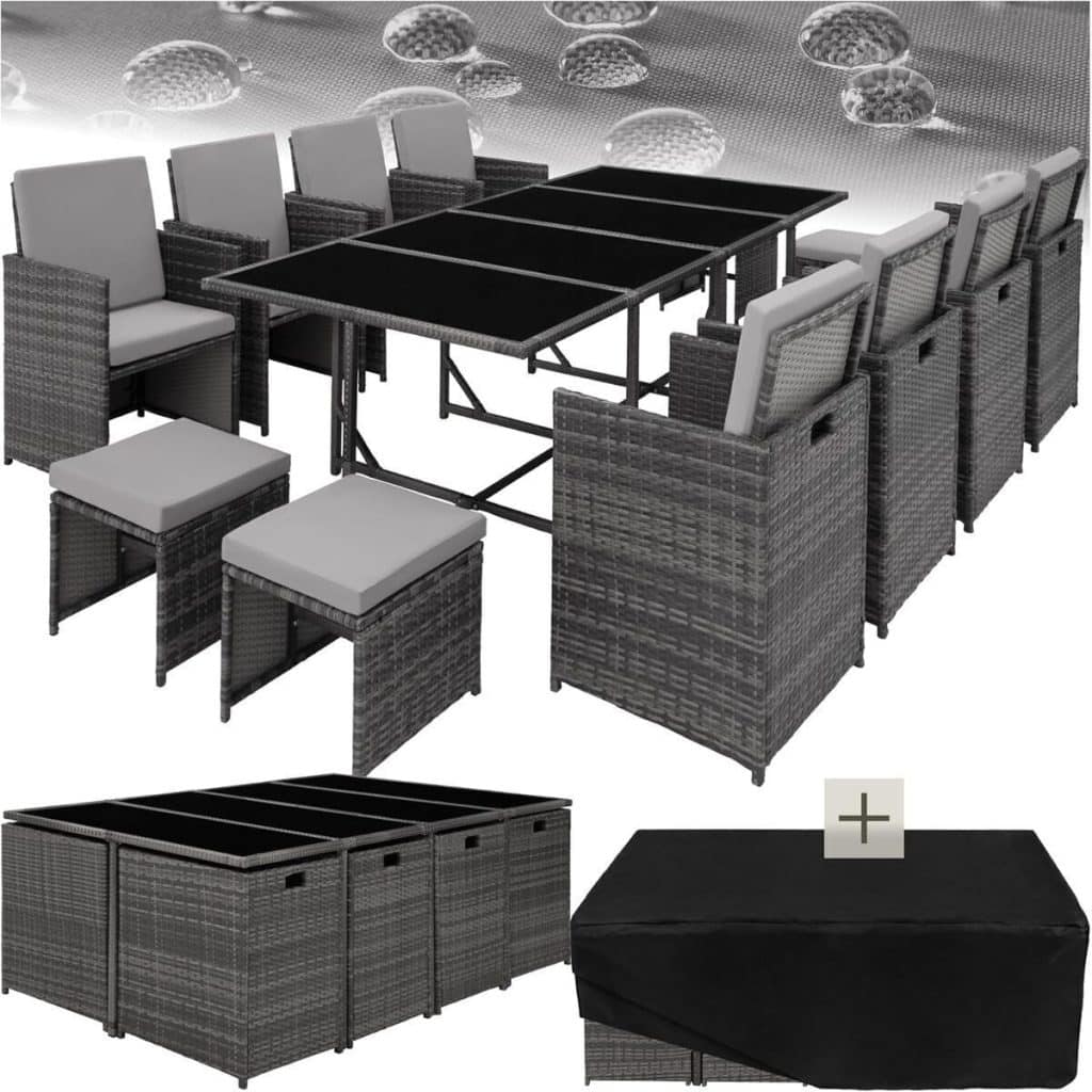 Test : salon tecTake en résine tressée, ensemble repas extérieur avec 8 chaises et 4 tabourets