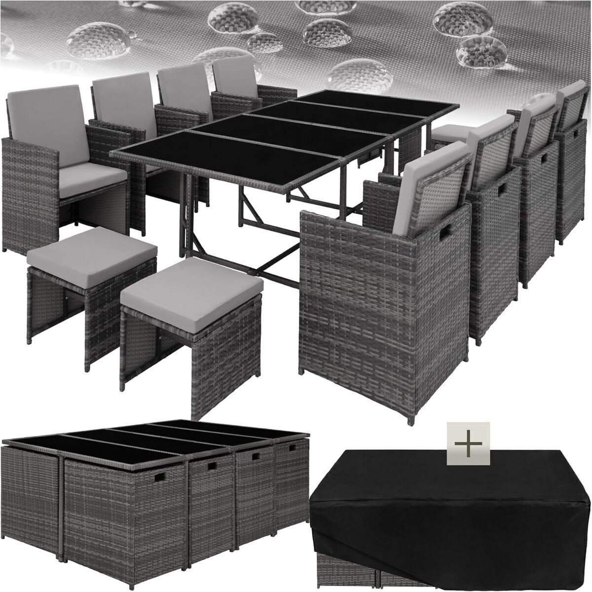 Test : salon tecTake en résine tressée, ensemble repas extérieur avec 8 chaises et 4 tabourets