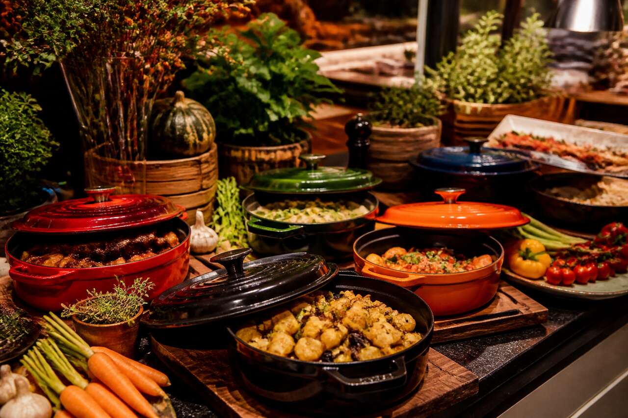 Quand les cocottes en fonte deviennent aussi des pièces de présentation sur un buffet